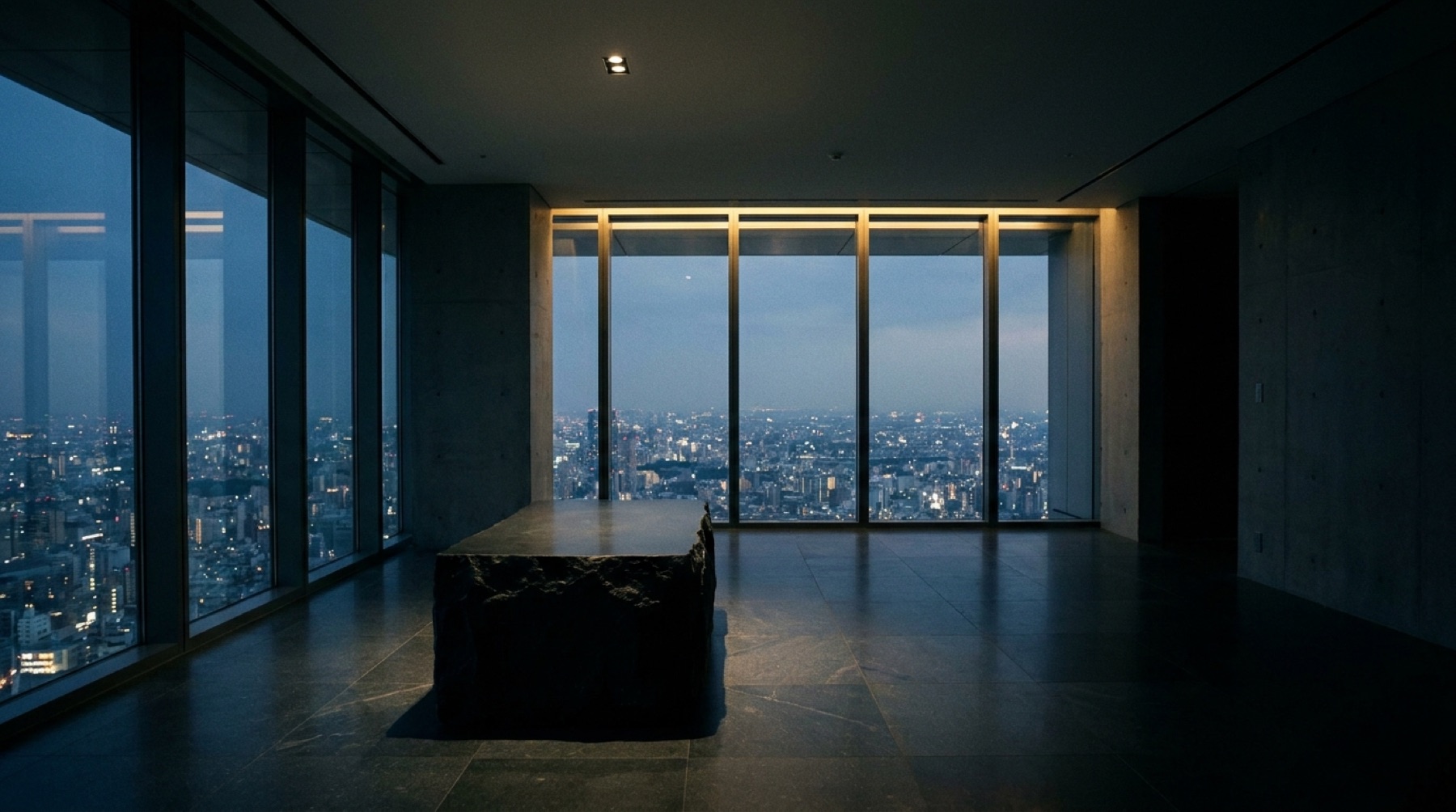 Empty office overlooking a city at dusk